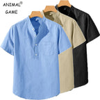Mens Short Sleeve Summer Collar Shirt Cotton Linen Casual Pocket Top Big Sizes