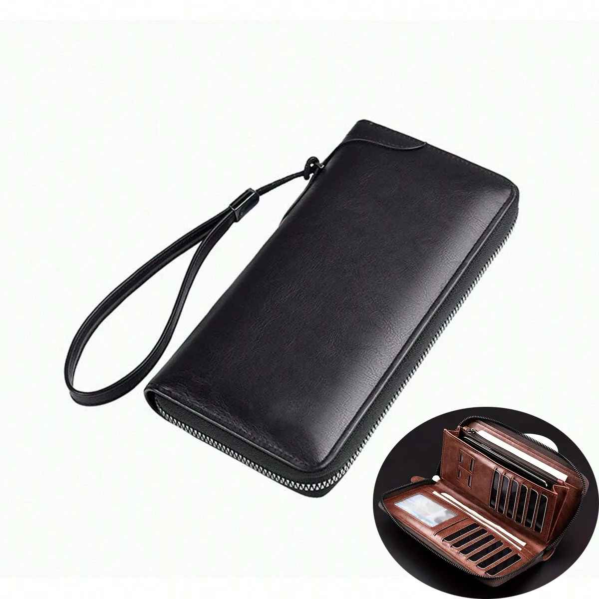 Long Wallet Leather Card Holder Zipper Purse Bag RFID Unisex Clutch High Quality