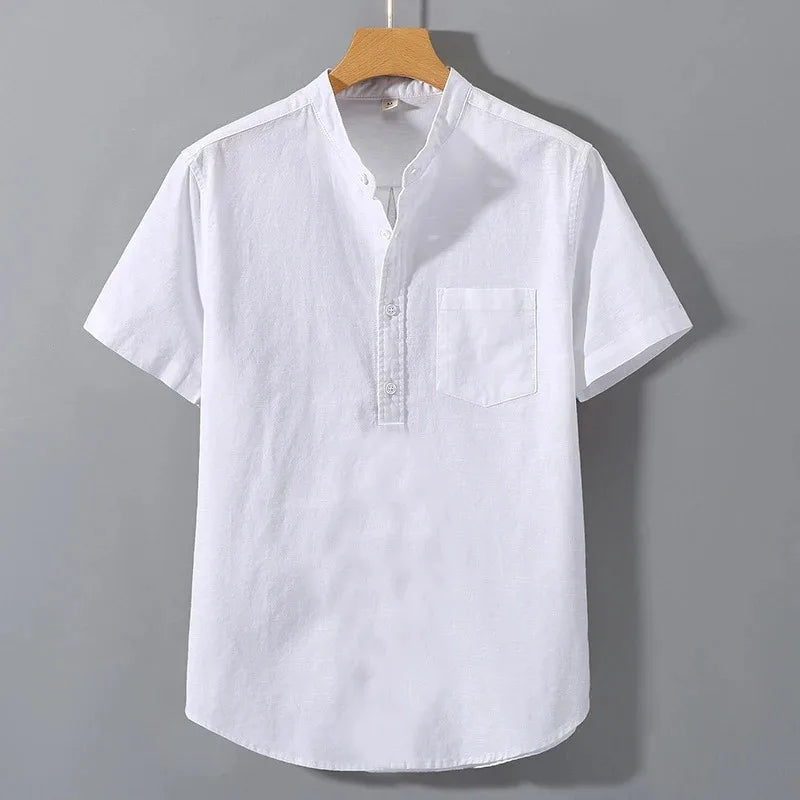 Mens Short Sleeve Summer Collar Shirt Cotton Linen Casual Pocket Top Big Sizes
