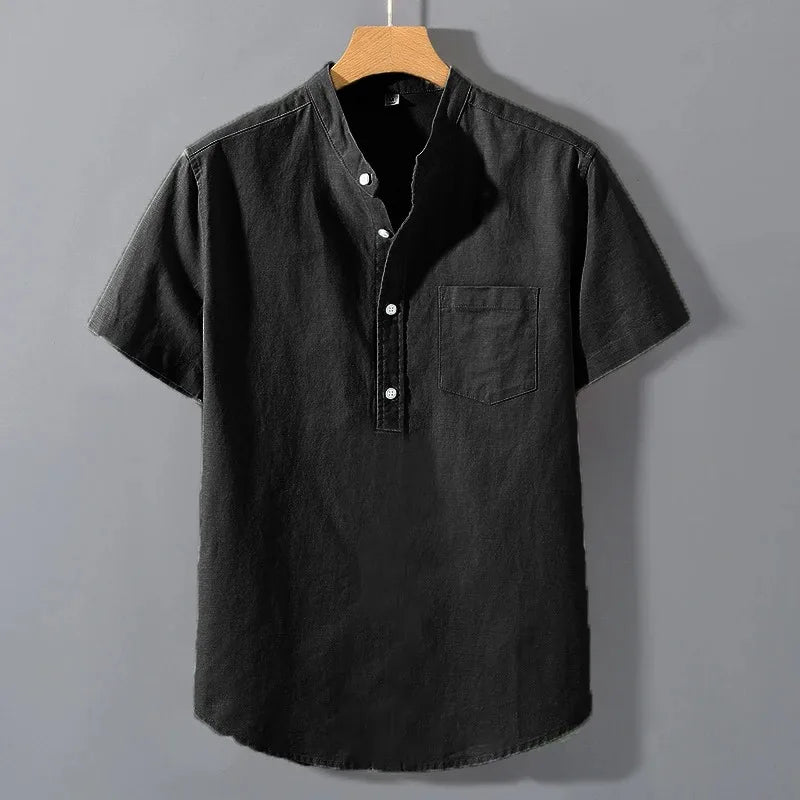 Mens Short Sleeve Summer Collar Shirt Cotton Linen Casual Pocket Top Big Sizes