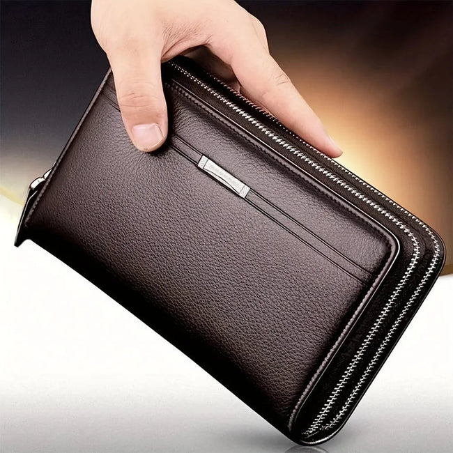 Mens High Quality Leather Long Wallet RFID Card Holder Clutch Zip Business Purse Hover Image