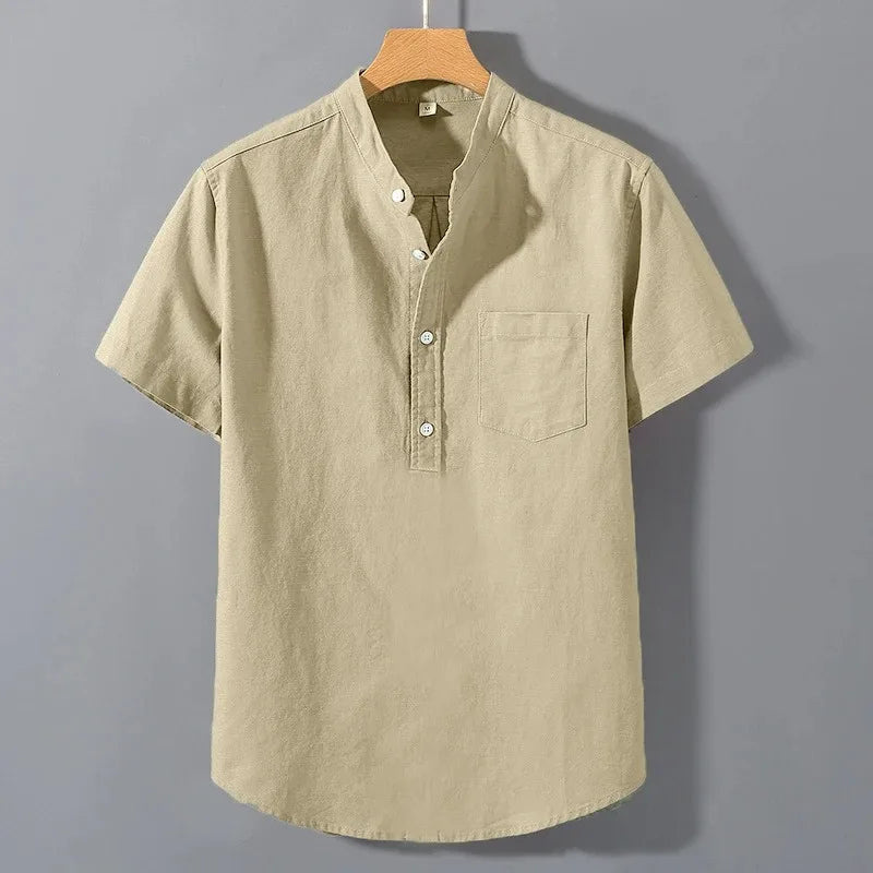 Mens Short Sleeve Summer Collar Shirt Cotton Linen Casual Pocket Top Big Sizes