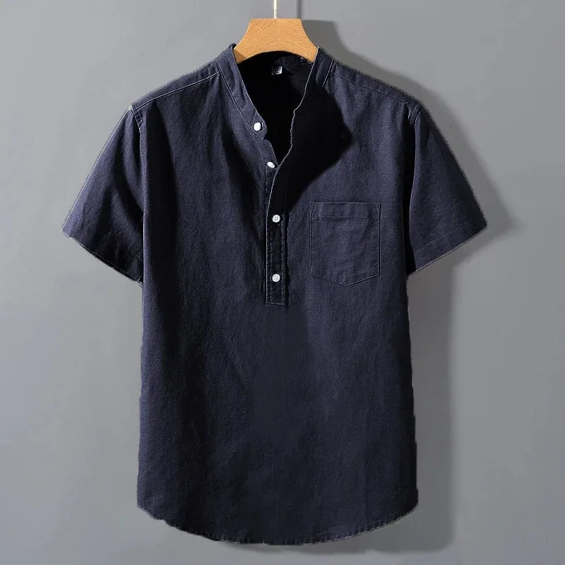 Mens Short Sleeve Summer Collar Shirt Cotton Linen Casual Pocket Top Big Sizes