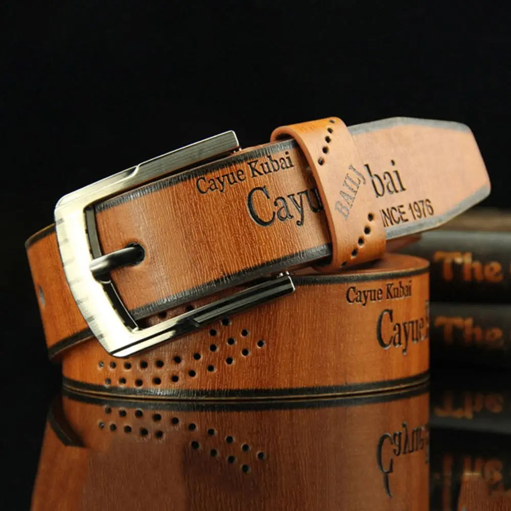 Mens Leather Belt Vintage Alloy Buckle Casual Business Work Letter Print Waist