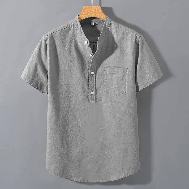 Mens Short Sleeve Summer Collar Shirt Cotton Linen Casual Pocket Top Big Sizes