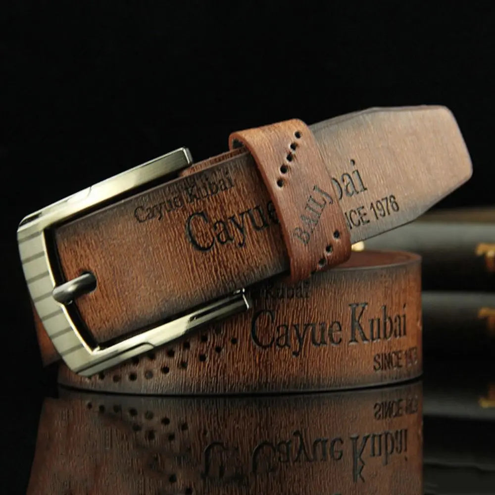 Mens Leather Belt Vintage Alloy Buckle Casual Business Work Letter Print Waist