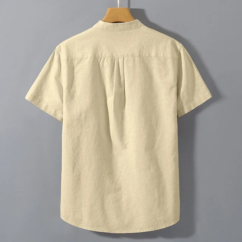 Mens Short Sleeve Summer Collar Shirt Cotton Linen Casual Pocket Top Big Sizes
