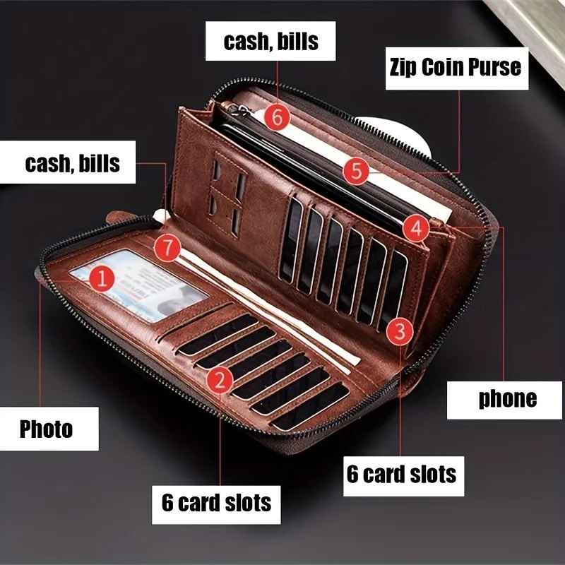 Long Wallet Leather Card Holder Zipper Purse Bag RFID Unisex Clutch High Quality