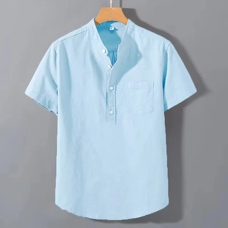 Mens Short Sleeve Summer Collar Shirt Cotton Linen Casual Pocket Top Big Sizes