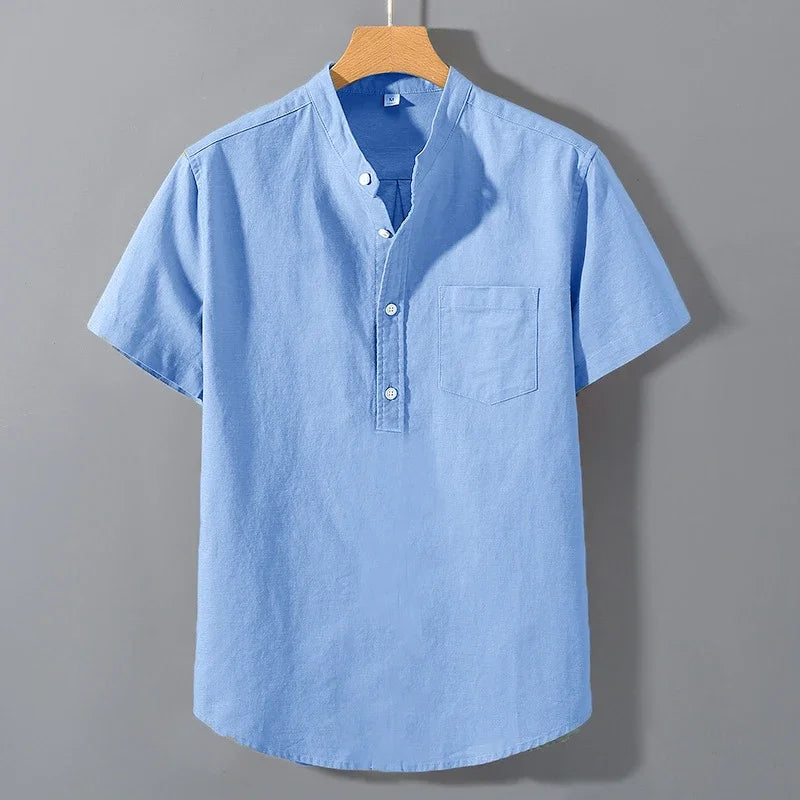 Mens Short Sleeve Summer Collar Shirt Cotton Linen Casual Pocket Top Big Sizes