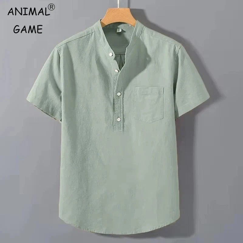 Mens Short Sleeve Summer Collar Shirt Cotton Linen Casual Pocket Top Big Sizes