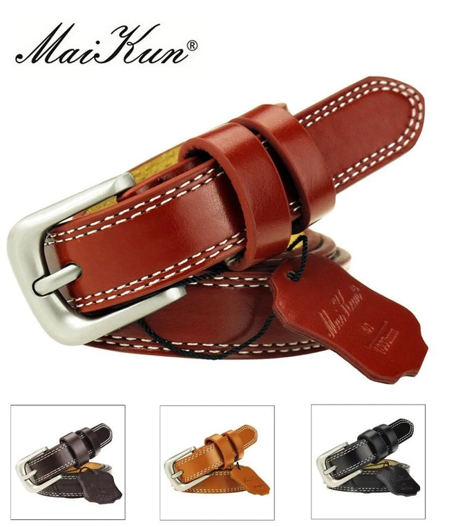 ladies Top Genuine Leather Belts Skinny Waist Womens Belt Metal Pin Buckle Dress Hover Image